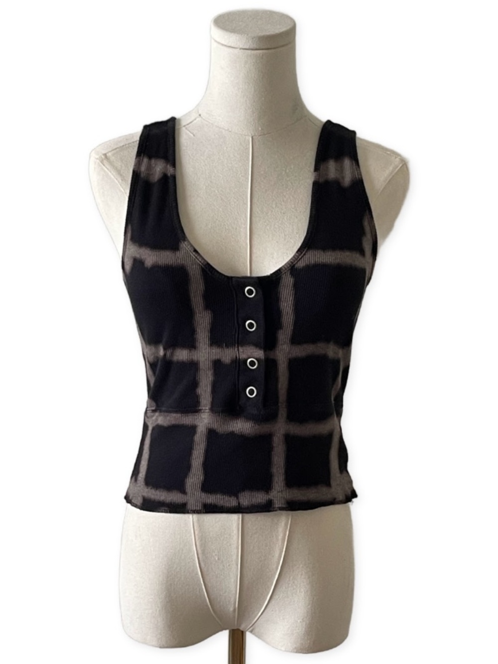 Chaser Brand Ribbed Henley Eco Tank Top in Black, Natural Tie Dye